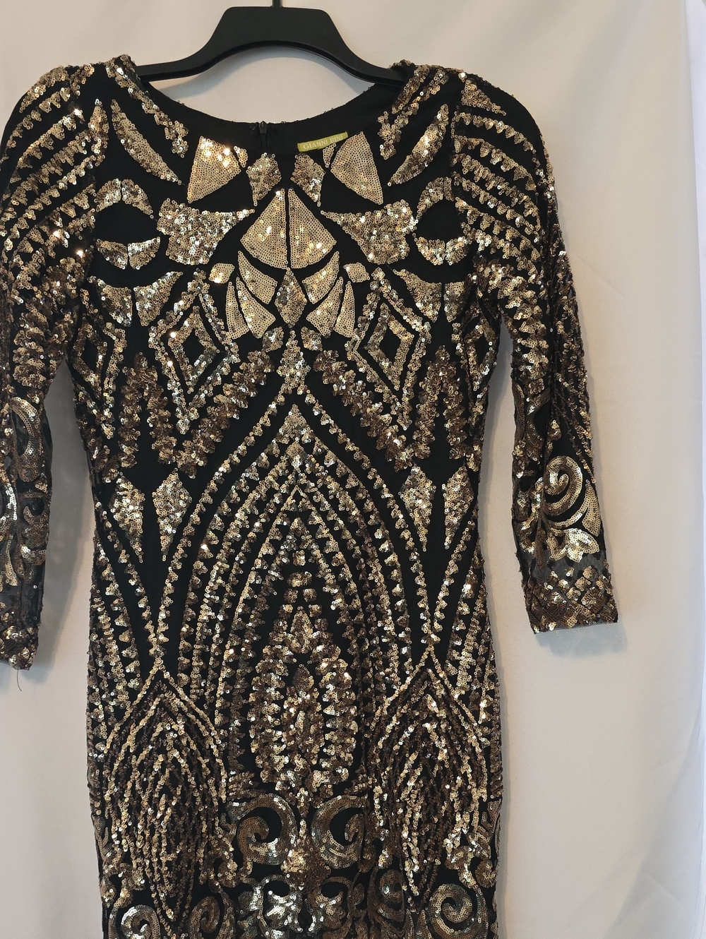 Gianni Bini Black Dress with Gold Sequin Art Deco Embellishment